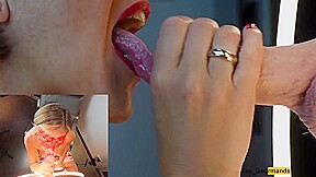 4k - Milf Slut Masked With Lipstick Gives Blowjob & Gets All The Cum On Her Tongue In Close Up
