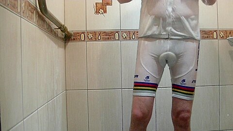 with bicycle clothing under shower